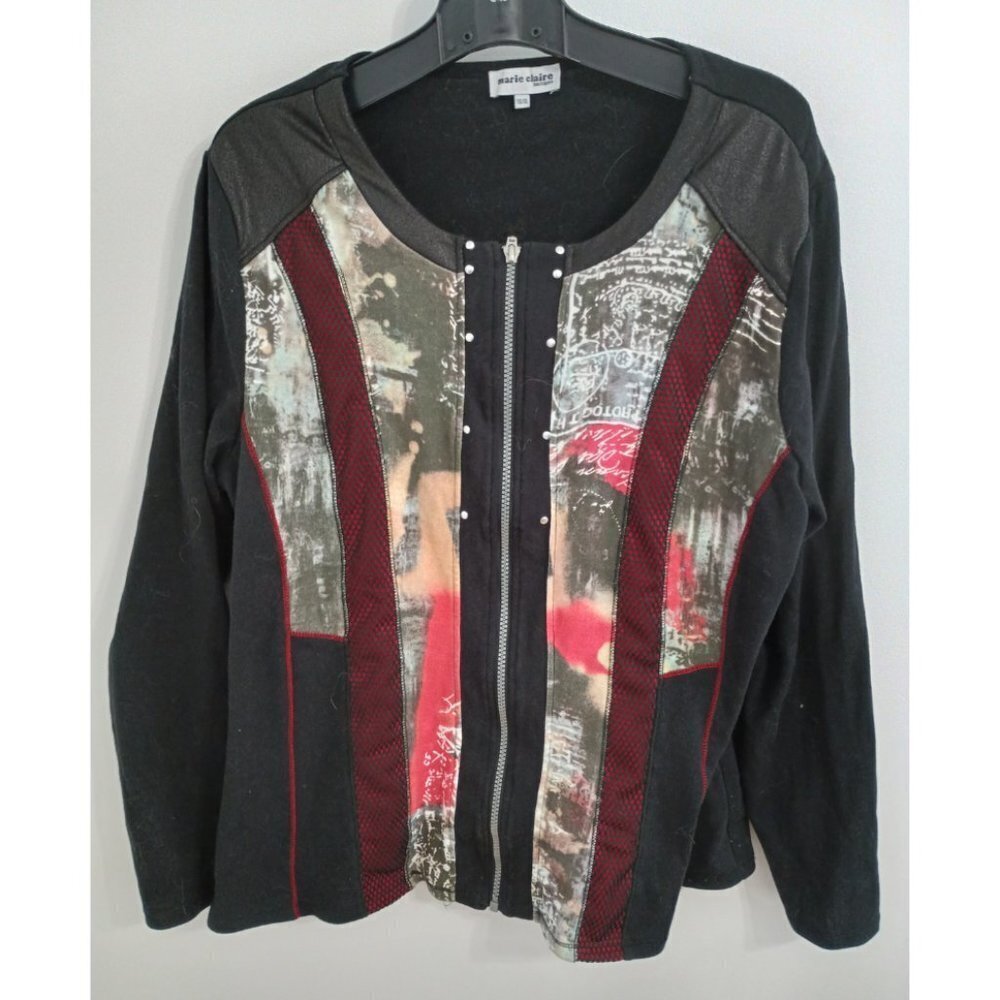 Marie-Claire full zip black cardigan with printed inserts size XL